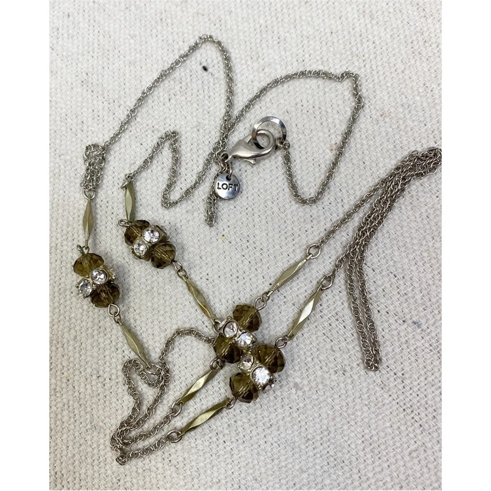 Loft Long necklace Silvertone chain bar links, faceted glass beads rhinestones